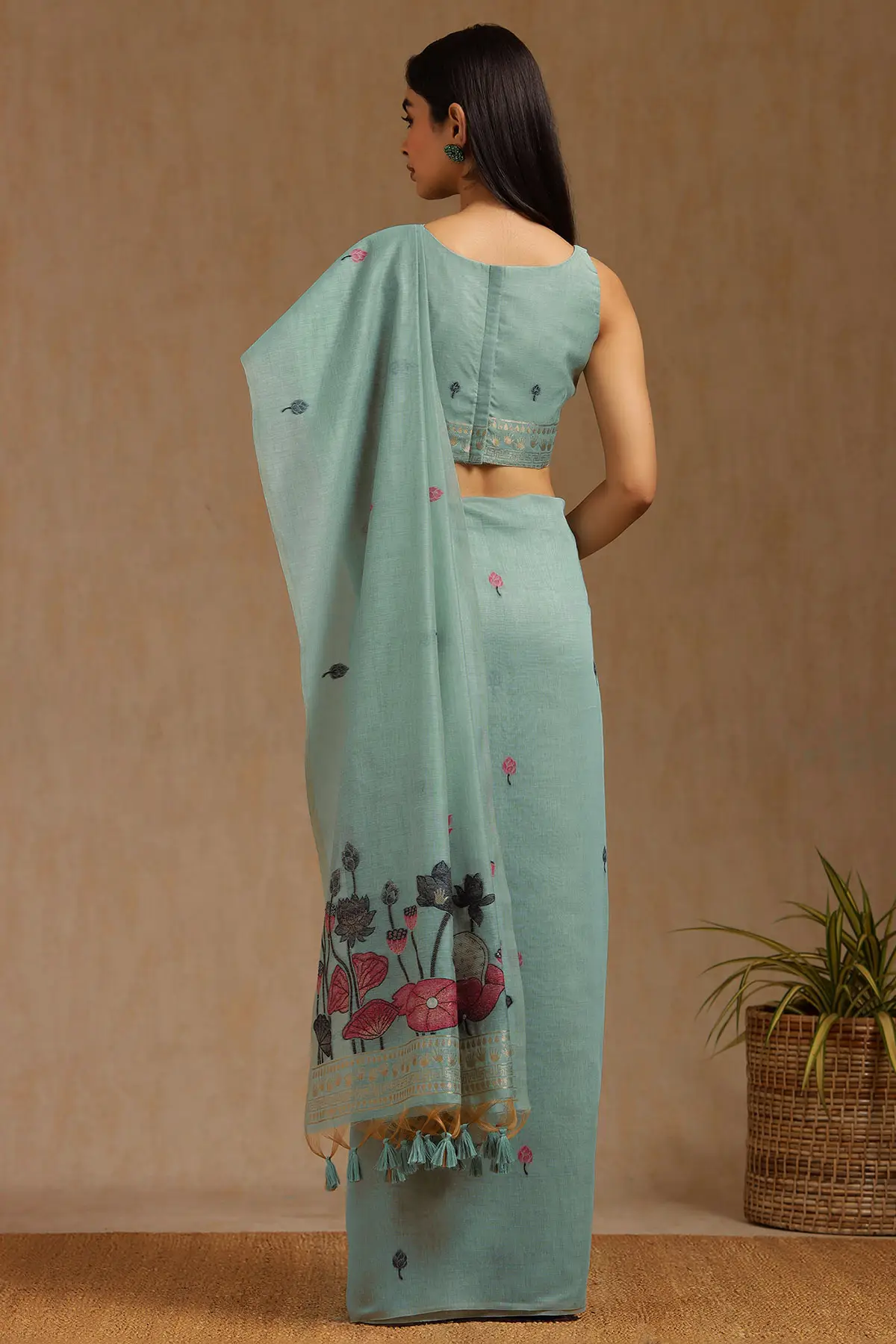 Powder Blue Chanderi Floral Print Saree With Zari Woven